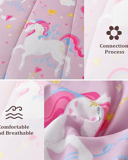 Queen Comforter Set for Girls, 7 Pieces Bed in a Bag with Shams, Sheet Set, Pink Unicorn Double Soft Microfiber Kids Comforter Bedding Set - LeafyLoom