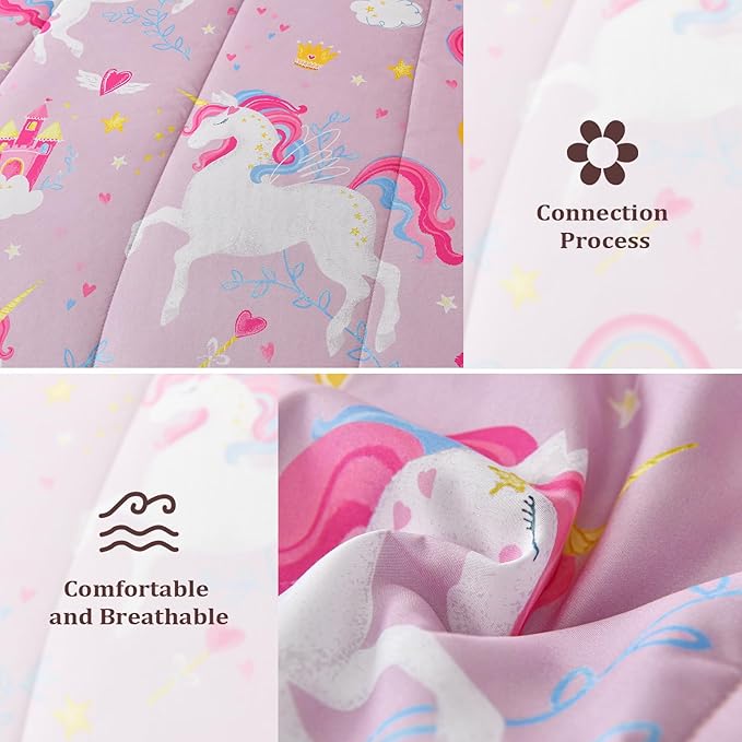Kids Comforter Twin Bedding Sets for Girls, 6 Pieces Bed in a Bag with Shams, Sheet Set, Pink Unicorn Double Soft Microfiber Kids Comforter Bedding Set - LeafyLoom