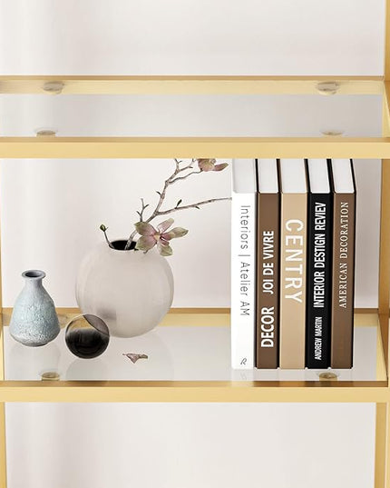 Freestanding Gold Bookshelves with Glass Shelves Storage, Modern Gold Bookcase with 4 Tier Glass Shelves, Gold Storage Organizer for Office, Living Room - LeafyLoom