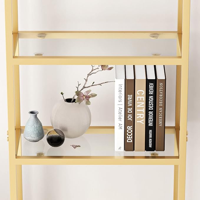 Freestanding Gold Bookshelves with Glass Shelves Storage, Modern Gold Bookcase with 4 Tier Glass Shelves, Gold Storage Organizer for Office, Living Room - LeafyLoom