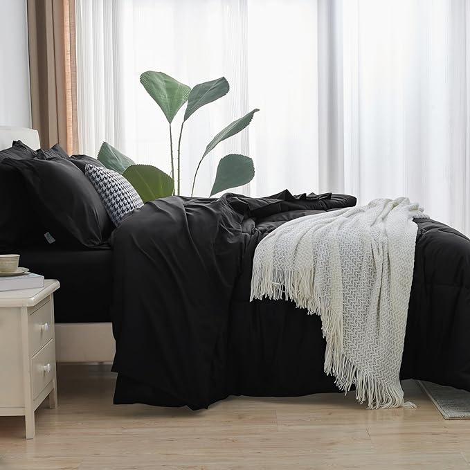 CozyLux Full Size Comforter Sets - 7 Pieces Bed in a Bag Set Black Full, Complete Bedding Sets Bed Set for All Season with Comforter, Flat Sheets, Fitted Sheet, Pillowcases & Shams - LeafyLoom