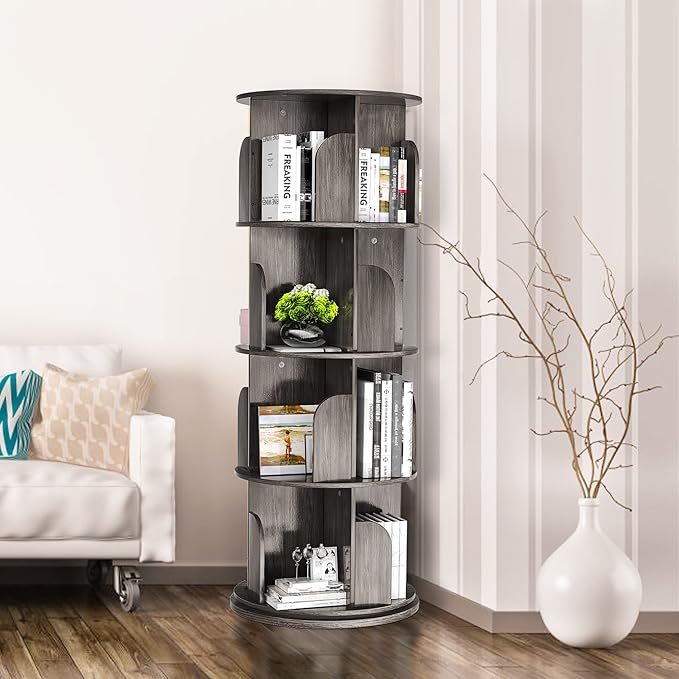 Rotating Bookshelf, Rotating Bookshelf Tower for Small Space, 360 Display 4 Tier Floor Standing Storage Rack, Wood Narrow Book Shelf for Bedroom, Living Room - LeafyLoom