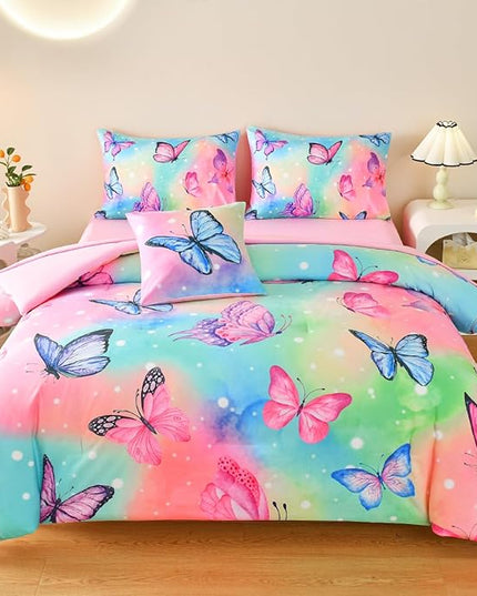 Butterfly Bedding Set Twin, Pink Butterfly Comforter Set for Girls Kids Teens 6 pcs Bed in a Bag Twin Bedding Sets for Girls - LeafyLoom