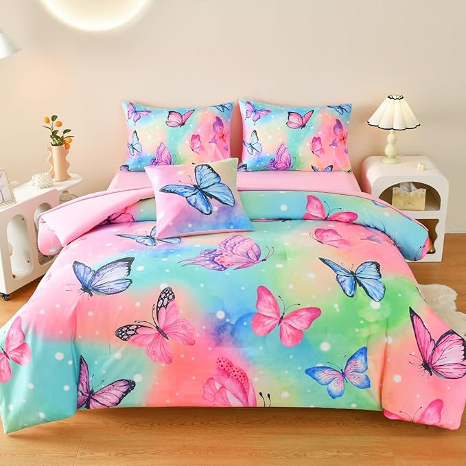 Butterfly Bedding Set Twin, Pink Butterfly Comforter Set for Girls Kids Teens 6 pcs Bed in a Bag Twin Bedding Sets for Girls - LeafyLoom