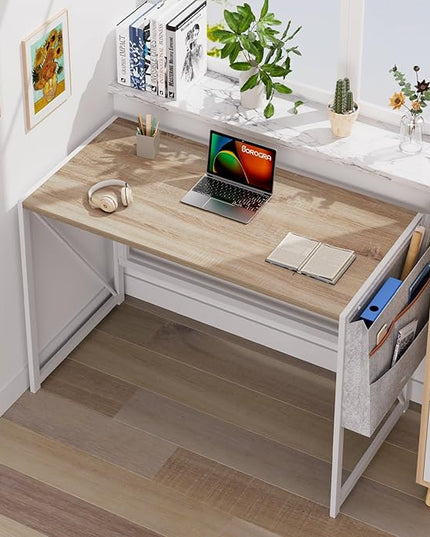 Folding Desk, Small Foldable Desk 39.4 Inch for Small Space, Computer Table Home Office Writing Desk with Storage Bag Headphone Hook, Easy Assembly, OAK - LeafyLoom