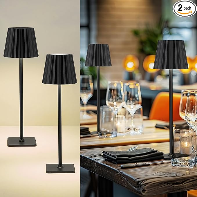 Cordless LED Desk Lamps, Rechargeable Black Table Lamp with 3 Colors Stepless Dimming, 5200mAh Battery Operated for Home Office Restaurant Bedroom Bars (2 Pack), TL02BK-2PK - LeafyLoom