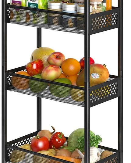 Slim Storage Cart 4 Tier Fruit and Vegetable Baskets for Kitchen Small Space, Narrow Rolling Cart on Wheels with Wooden Top and Metal Handle for Pantry, Bathroom, Laundry Room - LeafyLoom