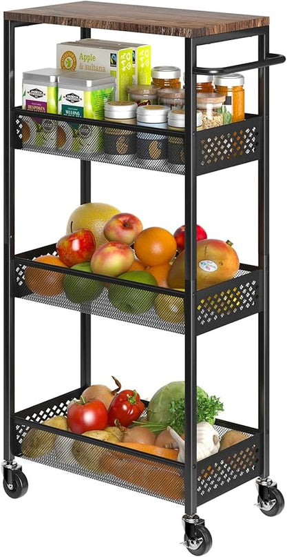 Slim Storage Cart 4 Tier Fruit and Vegetable Baskets for Kitchen Small Space, Narrow Rolling Cart on Wheels with Wooden Top and Metal Handle for Pantry, Bathroom, Laundry Room - LeafyLoom