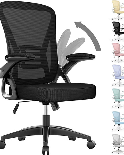naspaluro Ergonomic Office Chair, Mid Back Desk Chair with Adjustable Height, Swivel Chair with Flip-Up Arms and Lumbar Support, Breathable Mesh Computer Chair for Home/Study/Working, Dark Black - LeafyLoom