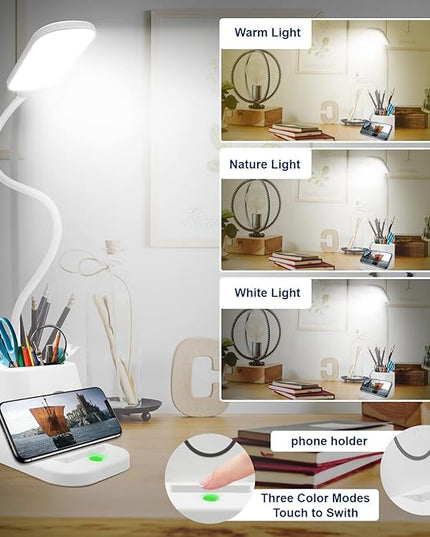 LED Desk Lamp with Wireless Charger and Organizer,Home Office Touch Reading Lamp with Pen Holder/Storage,Stepless Dimming 3 Color Modes,360°Flexible Gooseneck Eye Caring Desk Light-Study/College Dorm - LeafyLoom