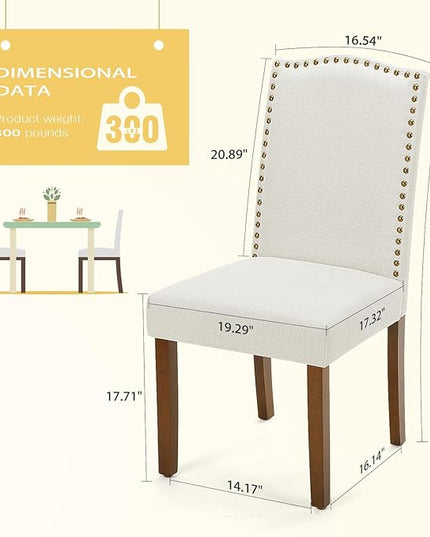 MCQ Upholstered Dining Chairs Set of 2, Modern Upholstered Fabric Dining Room Chair with Nailhead Trim and Wood Legs, Mid-Century Accent Dinner Chair for Living Room, Kitchen, Beige - LeafyLoom