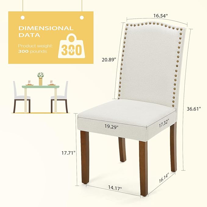 MCQ Upholstered Dining Chairs Set of 4, Modern Upholstered Fabric Dining Room Chair with Nailhead Trim and Wood Legs, Mid-Century Accent Dinner Chair for Living Room, Kitchen, Beige - LeafyLoom
