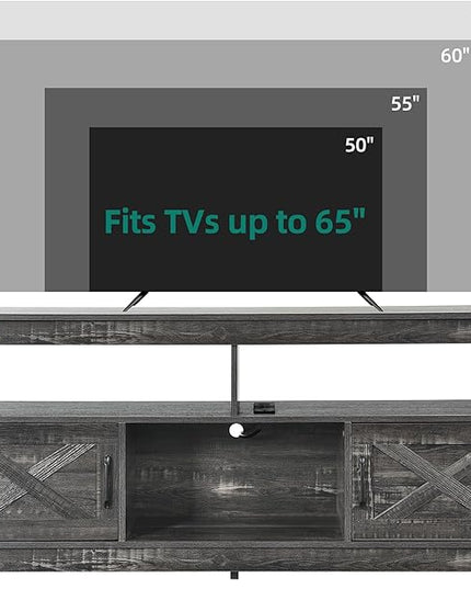 YITAHOME Mid Century Modern TV Stand for 65 inch with Power Outlet, Entertainment Center Table with Storage Cabinets and Open Shelves, Farmhouse TV Media Console for Living Room, Dark Grey - LeafyLoom