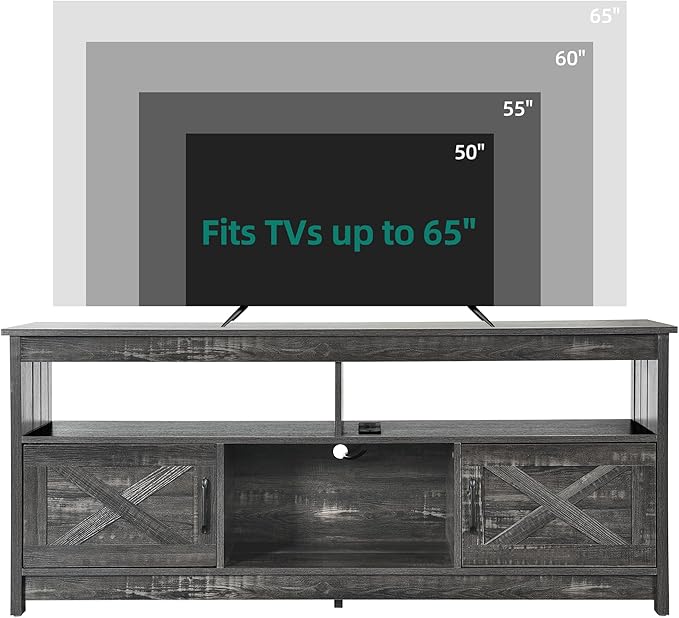 YITAHOME Mid Century Modern TV Stand for 65 inch with Power Outlet, Entertainment Center Table with Storage Cabinets and Open Shelves, Farmhouse TV Media Console for Living Room, Dark Grey - LeafyLoom