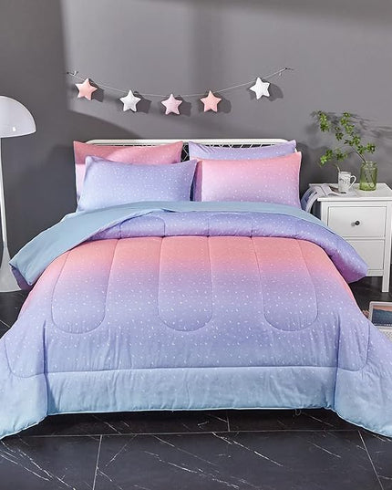 Rainbow Comforter Set for Teen Girls Women,Full/Queen Size 5 Piece Bed in A Bag,Metallic Printed Glitter Comforter and Sheets,Ultra Soft Microfiber All Season Bedding Set(Full/Queen,Blue) - LeafyLoom