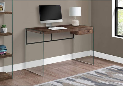 Monarch Specialties Computer Desk - Contemporary Writing Desk with Drawer - Tempered Glass Legs - 48"L (Brown Reclaimed Wood Look) - LeafyLoom