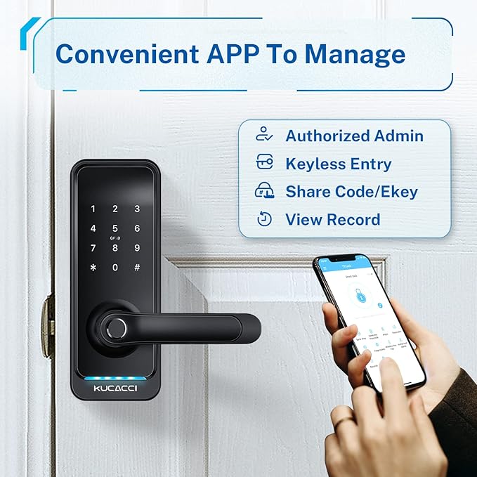 Smart Door Lock with Handle: Kucacci Keyless Entry Digital Door Lock for Front Door - Fingerprint Keypad Smart Dnob - Generate Passcode Remotely - App Control - Easy Installation(Black) KeylessLockforSmartHome