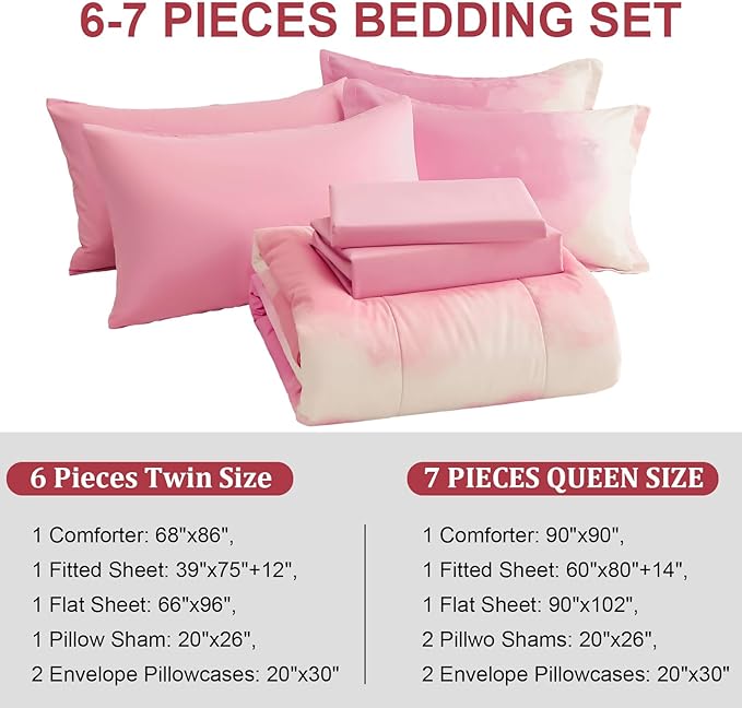 Dinjoy Girls Comforter Set Twin Size Colorful Rainbow Ombre Pink Bedding Set Gradient Soft Lightweight 6 Pieces Bed in A Bag for Kids Teen Women(1 Comforter, 1 Flat Sheet, 1 Fitted Sheet) - LeafyLoom