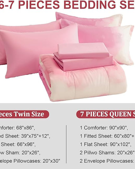 Dinjoy Girls Comforter Set Queen Size Colorful Rainbow Ombre Pink Bedding Set Gradient Soft Lightweight 7 Pieces Bed in A Bag for Kids Teen Women(1 Comforter, 1 Flat Sheet, 1 Fitted Sheet) - LeafyLoom