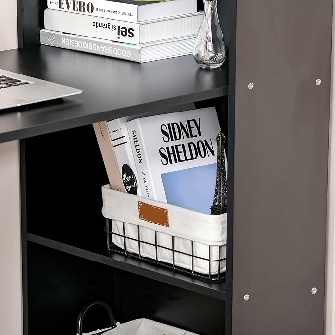 HOMCOM Modern Home Office Desk with 6-Tier Storage Shelves, 47" Writing Table with Bookshelf, Black - LeafyLoom