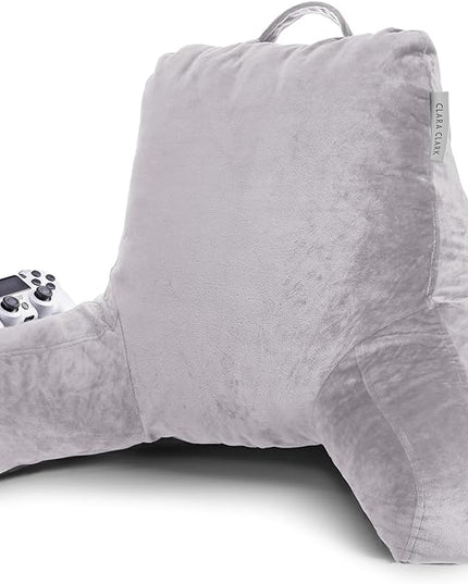 Clara Clark Reading Pillow, Standard Back Pillow for Sitting Up in Bed, Memory Foam Back Support Pillow, Reading Pillows for Sitting in Bed, Grey Lavender Sit Up Pillow for Bed Arm Pillow with Pockets - LeafyLoom