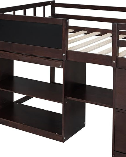 Loft Bed Frame, Twin Size Low Loft Bed with Small Rolling Desk, Chalkboard, 2 Shelves and 2 Storage Drawers for Kids Boys Girls Teens Bedroom, Space Saving Design, Espresso - LeafyLoom