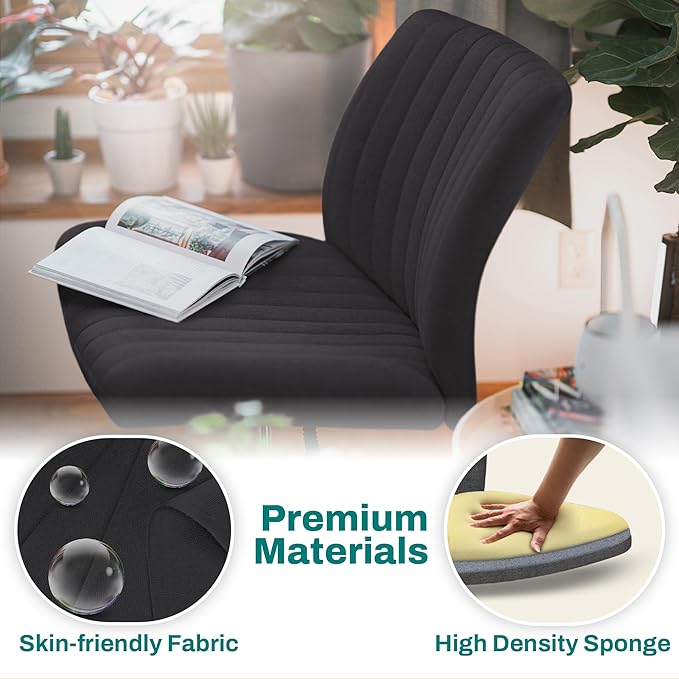 Criss Cross Desk Chair - Wide Armless Office Chair No Wheels, Cross Legged Office Chair, Adjustable Modern 360 Swivel Vanity, Fabric Padded,120° Rocking Ergonomic Mid Back Computer - Black - LeafyLoom