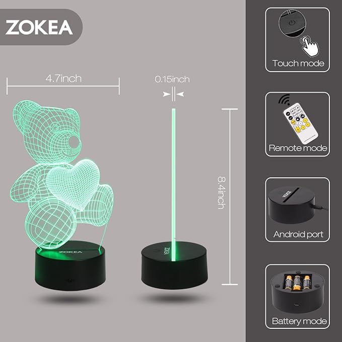 Night Light 3D lamp 7 Colors Changing Nightlight with Smart Touch & Remote Control 3D Night Light for Kids or as Gifts for Women Kids Girls Boys (Teddy Bear) - LeafyLoom