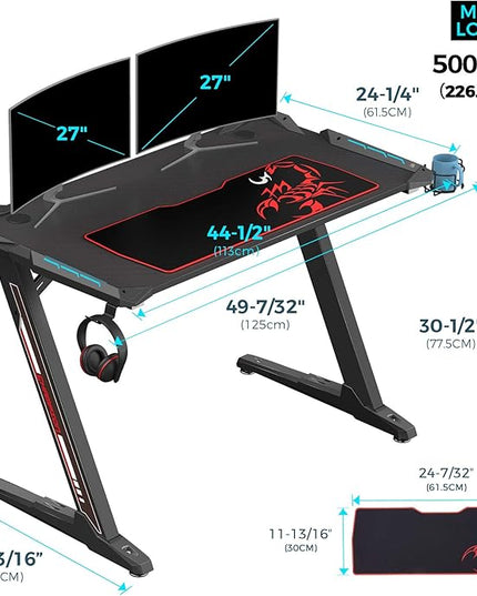 EUREKA ERGONOMIC Z1-S Pro Gaming Desk 44.5" Z Shaped Home Office PC Computer Desks Gamer Tables with LED Lights Controller Stand Cup Holder Headphone Hook Free Mousepad for Men Boyfriend Female Gift - LeafyLoom