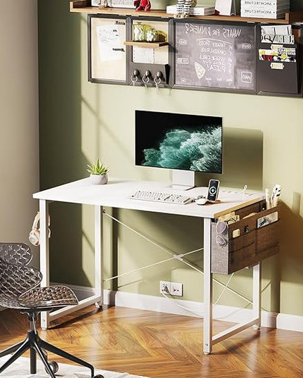 KKL Small Desk with Power Outlets and USB Port Computer Desk for Home Office Gaming Simple Modern Style Writing Desks with Storage Bag Headphone Hook, 32 inch, White - LeafyLoom