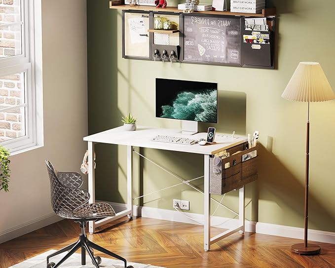 KKL Small Desk with Power Outlets and USB Port Computer Desk for Home Office Gaming Simple Modern Style Writing Desks with Storage Bag Headphone Hook, 32 inch, White - LeafyLoom