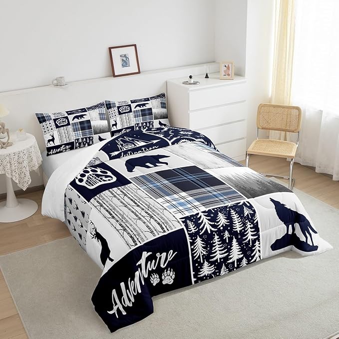 Manfei Deer Bear Kids Comforter Set King Size,Wolf Hunting Adventure Rustic Bedding Set for Boys Girls Adults Room Decor,Geometric Plaids Patchwork Down Comforter,Blue Xmas Duvet Insert,2 Pillowcases - LeafyLoom