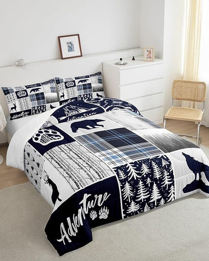 Manfei Deer Bear Kids Comforter Set Twin Size,Wolf Hunting Adventure Rustic Bedding Set for Boys Girls Adults Room Decor,Geometric Plaids Patchwork Down Comforter,Blue Xmas Duvet Insert,1 Pillowcase - LeafyLoom