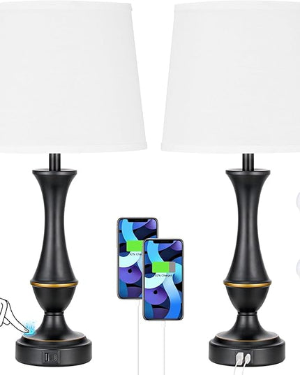 Touch Lamps for Bedrooms Set of 2 - Nightstand Table Lamp with USB C+A, 3 Way Dimmable Bedside Lamps for Living Room End Tables Set of 2, Farmhouse Night Stand Lamps for Bed Side Guest Room(White) - LeafyLoom