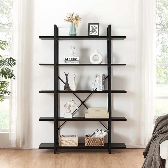 HOMISSUE Bookshelf,5-Tier Bookshelf Industrial Bookcase and Bookshelves,Rustic Storage Rack with Open Shelves for Living Room Bedroom and Kitchen - LeafyLoom