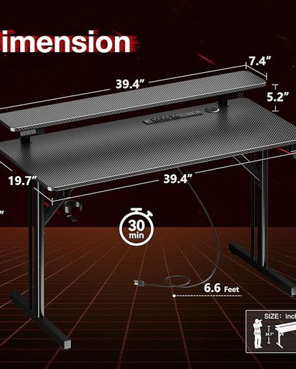 MOTPK Small Gaming Desk with LED Lights & Power Outlets, 39 Inch Computer Desk Gaming Table with Monitor Shelf, Gamer Desk with Carbon Fiber Texture, Kids Boys Desk Gift for Men - LeafyLoom