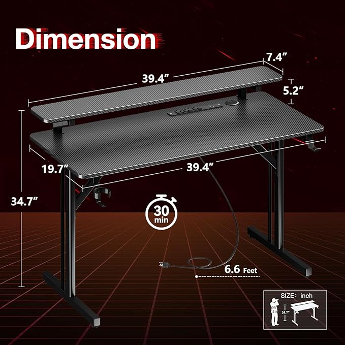 MOTPK Small Gaming Desk with LED Lights & Power Outlets, 39 Inch Computer Desk Gaming Table with Monitor Shelf, Gamer Desk with Carbon Fiber Texture, Kids Boys Desk Gift for Men - LeafyLoom