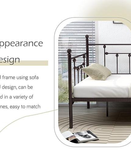 alazyhome Twin Size Metal Daybed Guest Bed Frame for Living Room Bedroom Steel Slat Support No Box Spring Needed Space Saving Brown - LeafyLoom