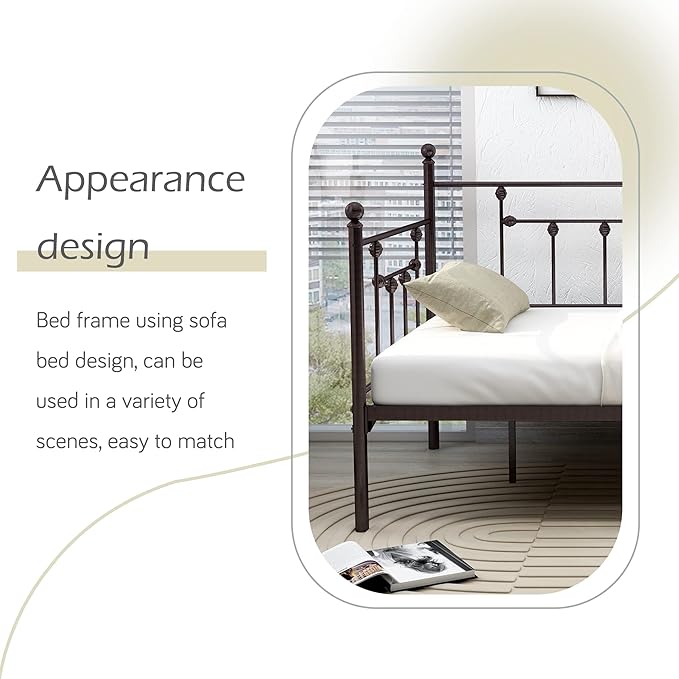 alazyhome Twin Size Metal Daybed Guest Bed Frame for Living Room Bedroom Steel Slat Support No Box Spring Needed Space Saving Brown - LeafyLoom