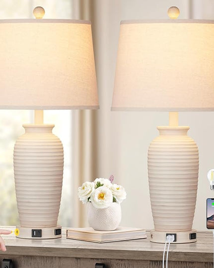 25" Farmhouse Jar Table Lamps Set of 2, 3 Way Touch Control Rustic Bedside Lamps with USB A+C Ports & AC Outlet, Pot Nightstand Lamps for Bedroom Living Room (LED Bulbs Included) - LeafyLoom