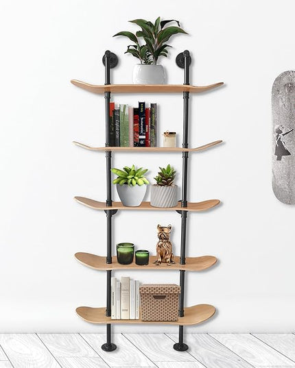 Industrial Shelves - 5 Tier Industrial Decor Pipe Bookcase Using 7 Ply Skateboard Decks - Natural Wood Stain Finish - Bathroom Wall Decor, Living Room Furniture, Book Shelf for Skateboard Enthusiasts - LeafyLoom