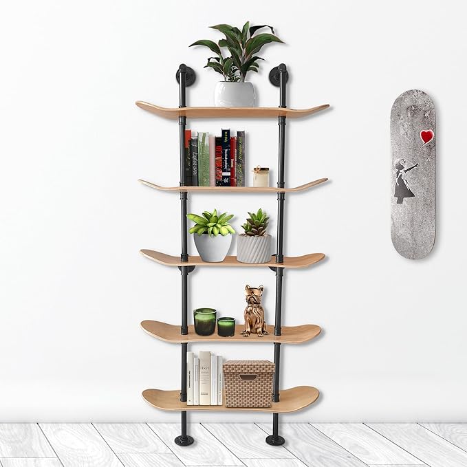 Industrial Shelves - 5 Tier Industrial Decor Pipe Bookcase Using 7 Ply Skateboard Decks - Natural Wood Stain Finish - Bathroom Wall Decor, Living Room Furniture, Book Shelf for Skateboard Enthusiasts - LeafyLoom