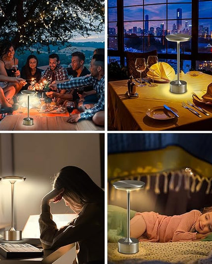 Portable Metal Desk Lamp, 3-Levels Brightness Metal LED Table Lamp, 3 Color Touch Control Rechargeable Lamp, Night Light, Bedside Lamp,Dining Room Lamp (Silver) - LeafyLoom
