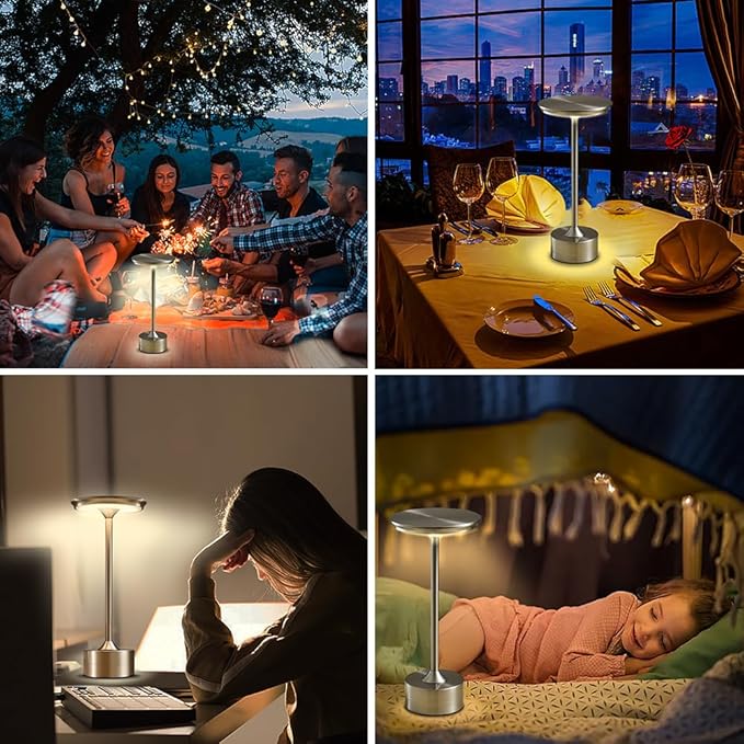 Portable Metal Desk Lamp, 3-Levels Brightness Metal LED Table Lamp, 3 Color Touch Control Rechargeable Lamp, Night Light, Bedside Lamp,Dining Room Lamp (Silver) - LeafyLoom