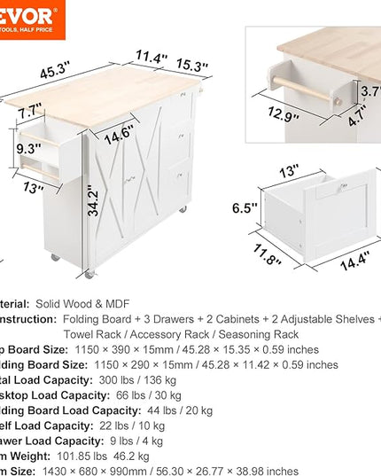 VEVOR Kitchen Island Cart with Solid Wood Top, 45.3" Width Mobile Carts with Storage Cabinet, Rolling Table with Spice Rack, Towel Rack, Drop Leaf and Drawer, Portable Islands on Wheels, White - LeafyLoom