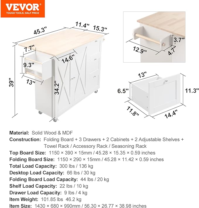 VEVOR Kitchen Island Cart with Solid Wood Top, 45.3" Width Mobile Carts with Storage Cabinet, Rolling Table with Spice Rack, Towel Rack, Drop Leaf and Drawer, Portable Islands on Wheels, White - LeafyLoom