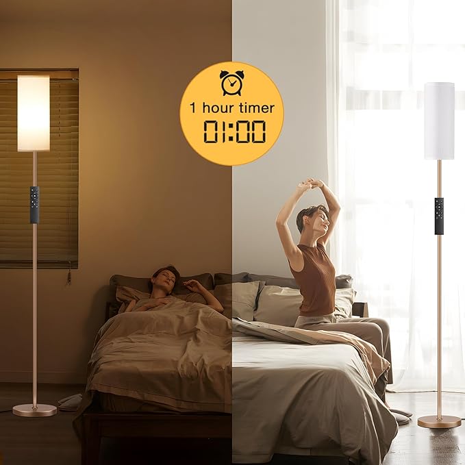 Ambimall 64'' Floor Lamps for Living Room with Remote Control and Stepless Dimmable Colors Temperature & Brightness, 9W Bulb Included(White Lampshade & Brown Pole) - LeafyLoom