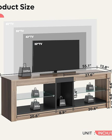 Bestier 55 Inch TV Stand with LED light, Adjustable Glass Shelves, 22 Dynamic RGB Colors, P2 Particle Board, for Entertainment Center, Living Room, Gaming Room, and Bedroom, Pinewood - LeafyLoom