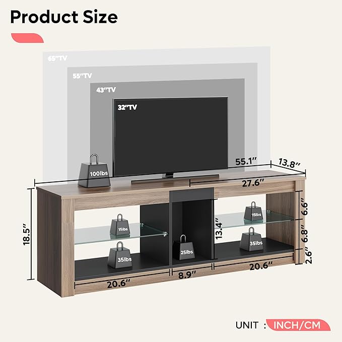 Bestier 55 Inch TV Stand with LED light, Adjustable Glass Shelves, 22 Dynamic RGB Colors, P2 Particle Board, for Entertainment Center, Living Room, Gaming Room, and Bedroom, Pinewood - LeafyLoom