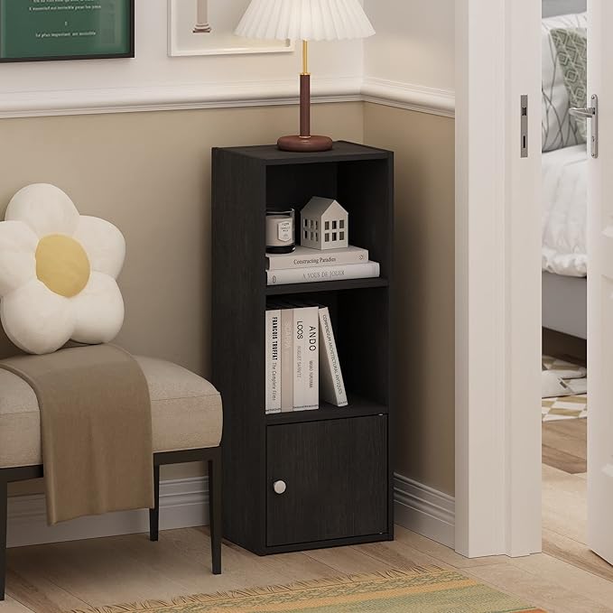 Furinno Luder Shelf Bookcase with 1 Door Storage Cabinet, Blackwood - LeafyLoom